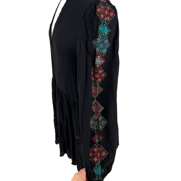 Desigual Ethnic Sleeve Embroidery Print Black Tiered Boho Dress Size Small - Picture 13 of 13